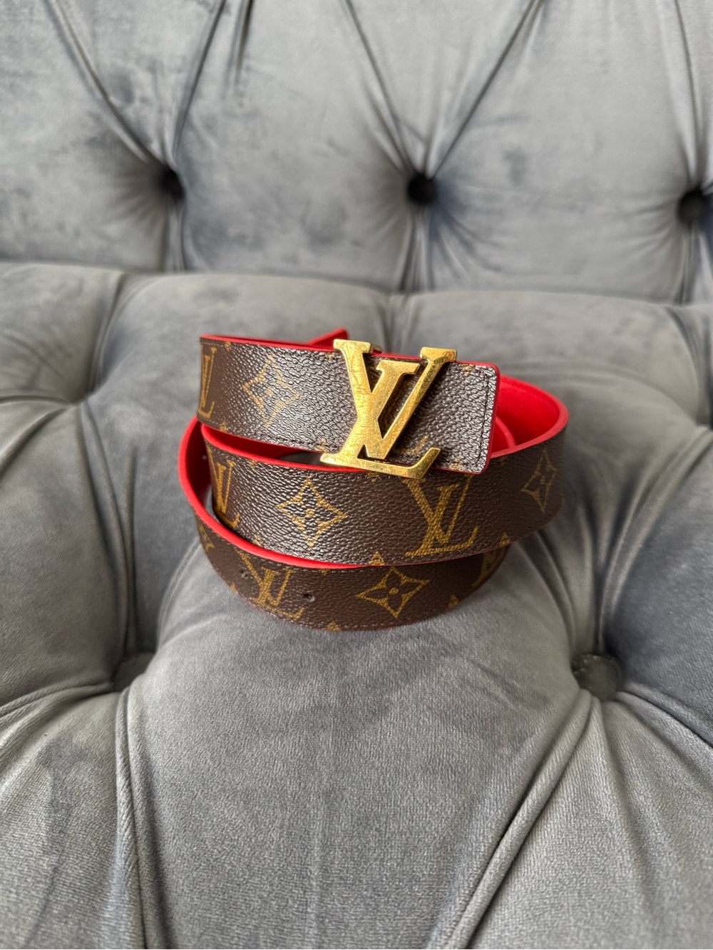 Louis Vuitton Brown Red Monogram Belt reversible Gold LV Buckle size 85 - Picture 2 of 7